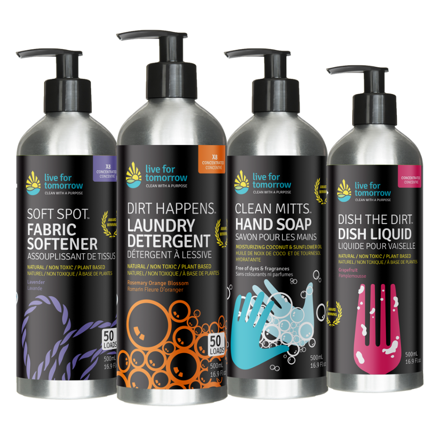 Live for Tomorrow natural cleaning products refillable aluminum bottles